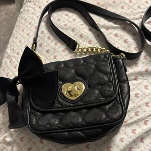 Betsy Johnson Black Quilted Crossbody Bag with Bow Accent